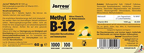 Methyl B12 1000 µg, aktives Vitamin B12 als Methylcobalamin, Lutschtabletten mit Zitronengeschmack, vegan, hochdosiert, Etikett in Deutsch, Englisch und Französisch, Jarrow, 1er Pack (1 x 100 Stück) - 2