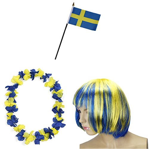 Sonia Originelli Fan-Paket-4 WM Fußball Kurzhaar Perücke Hawaiikette Flagge Party Farbe Schweden
