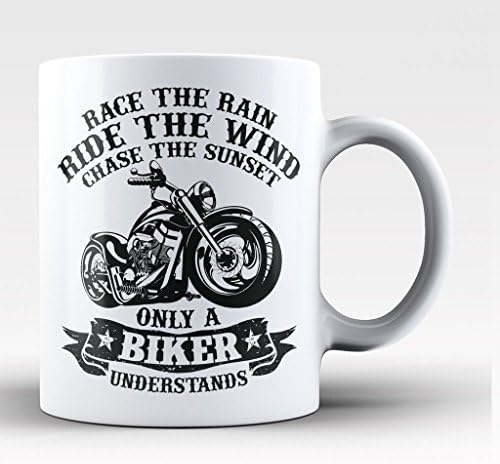 Race Rain Ride Wind Chase Sunset Biker Motorcycle Street Extreme Sports Rack Harley Davidson Indian Lock Seat Helmet 11-oz Coffee Mug Cup White Ceramic with Large Handle is Perfect Gift Idea For Dad