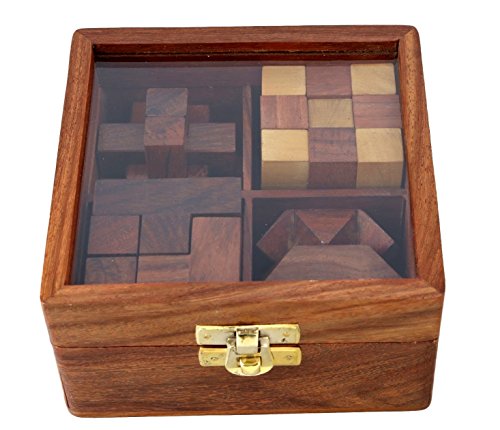 4-in-One Wooden Puzzle Games Set - 3D Puzzles for Teens and Adults - Includes Wood Interlocking Blocks, Diagonal Burr,Soma Cube and Snake Cube in Storage Box