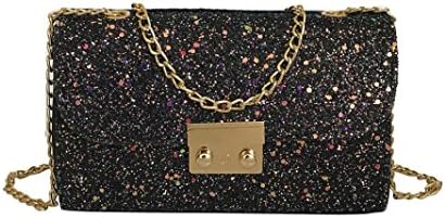 Interent Fashion Shoulder Bag Women Girl Leather Crossbody Shoulder Bag with Chain Bling Sequins (20cm(L)*5cm(W)*13cm(H)/7.87"(L)*1.97"(W)*5.12"(H), Black)