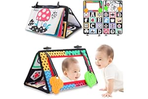 PROACC Baby Tummy Time Mirror Flip Baby Mirror Floor with Teether Soft Cloth Book Black and White Sensory Toys Newborn Mirror Toy Developmental Gift for Infants Girls Boys 0-6 Months,Pink