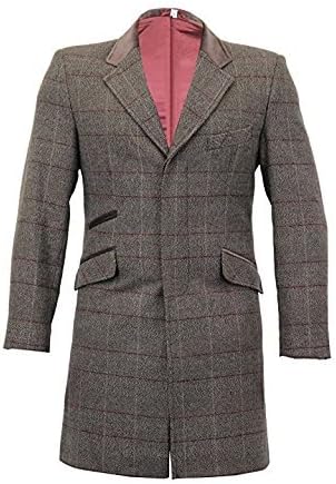Men's Wool Mix Slim Fit Checked Coat Herringbone Tweed Crombie Luxury Overcoat (2XL (44-46"), Grey Check)