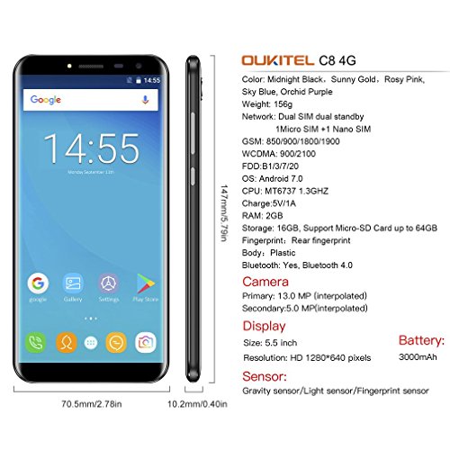 Telefonia Mobile, OUKITEL C8 Dual SIM Cellulari - 4G Smartphone Android 7.0 - MTK6580A Quad Core 1.3GHz - 5.5 Pollici HD Schermo - 2GB RAM+ 16GB ROM - 5.0MP Fotocamera Digitale - Nero