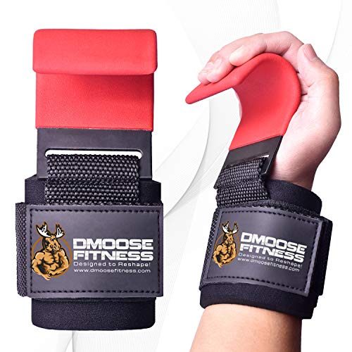 Ganchos de levantamiento de pesas Grip de DMoose Fitness (par) - Neopreno acolchado grueso de 8 mm doble - guantes de gancho de entrenamiento premium (Gancho plano, Rojo)