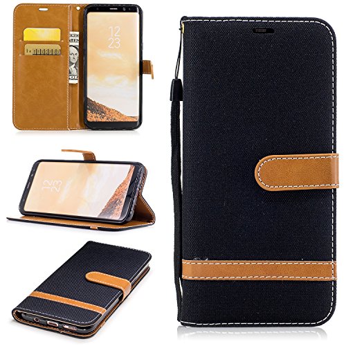 Coque Samsung Galaxy S8 Plus,Ecowayétui en cuir PU Couleurs mélangées denim étui de téléphone Portefeuille Etui ( noir Cowboy) Housse de Protection Coque Étui Case Cover avec Stand Support Avec des Cartes de Crédit Slot et Fonction Support