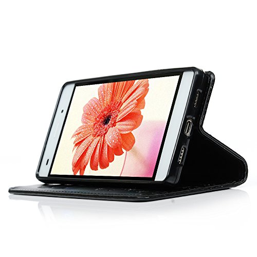 P8 Lite Hülle, Huawei P8 Lite Tasche YOKIRIN Schwarz PU Leder Handytasche Drucken Schmetterling Weinstock Wallet Schutzhülle Kunstlederhülle Taljereep Kredit Kartenfächer Case Book Cover Flipcase - 8
