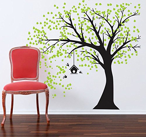Großer schwarzer Baum als Wandaufkleber, Design mit Grünen Blättern, Vögeln und Vogelkäfig, Vinyl-Wandaufkleber, Aufkleber für Baby- & Kinder-Schlafzimmer, Dekoration - 2