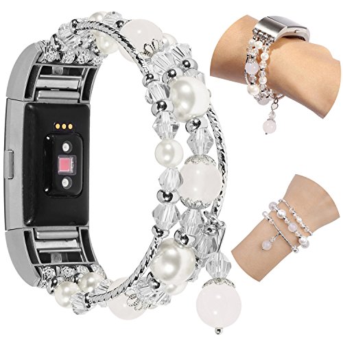Preisvergleich Produktbild ZXK CO Armbänder für Fitbit Charge2 Uhrenarmband, Damen Elastische Dehnung Ersatzarmband Handgemachte Perlen Perle Uhrenarmband für Fitbit Charge2-Weiß
