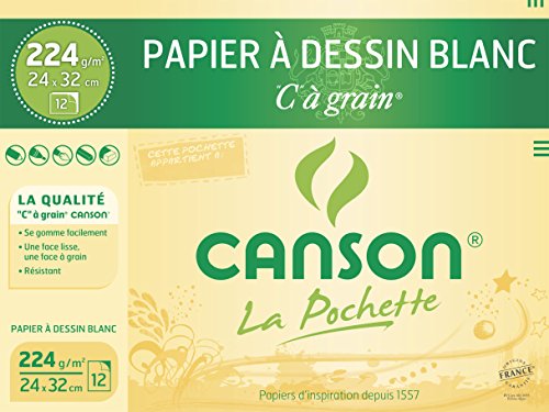 Feuilles de papier dessin C a grain Canson coloris blanc. Grammage 224g. Format 24 x 32 cm. Ref fabricant 27103. Pochette de 12 feuilles a dessin. Pour le crayon l
