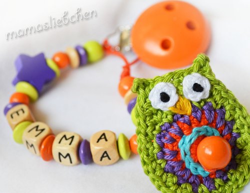 Personalised Dummy Clip with name, soother chain, dummy holder, pacifier clip - crocheted owl green-colorful #14194, handmade by mamasliebchen