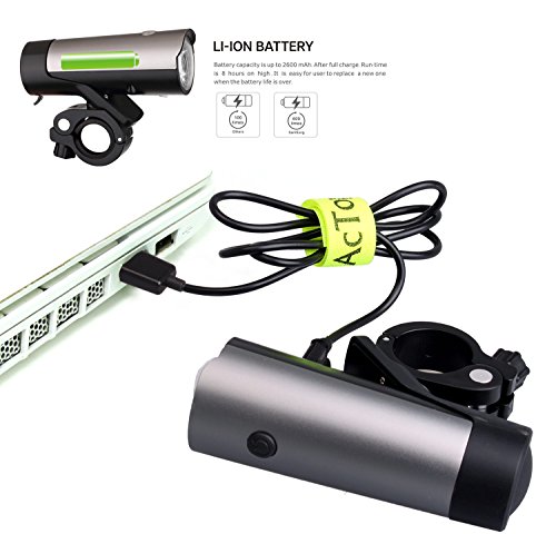 AcTopp LED wiederaufladbares Fahrradlicht USB Frontlicht STVZO Zugelassen Fahrradbeleuchtung Fahrradscheinwerfer mit integrierten 2600mAh Akku Taschenlampe - 2