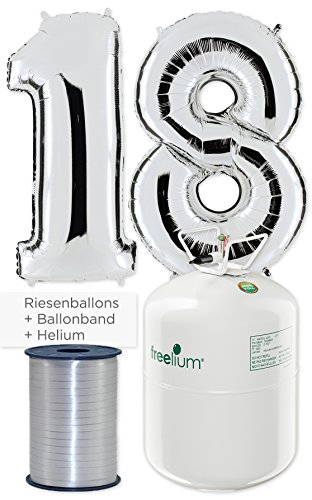 Ballon Zahl 18 in Silber inkl. freelium® go 250 Helium & Ballonband - XXL Riesenzahl 100cm Komplett-Set - zum 18. Geburtstag - Party Geschenk Dekoration Folienballon Luftballon Happy Birthday