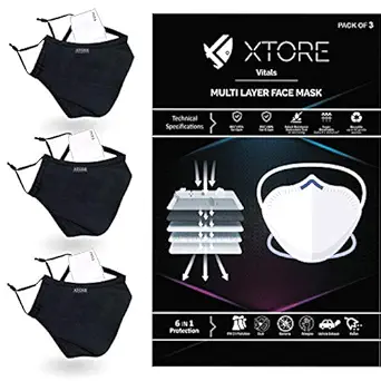 Xtore N95 FDA CE Certified Anti pollution Cotton Reusable Washable without valve Unisex Cloth Mask (Black, Pack of 3)