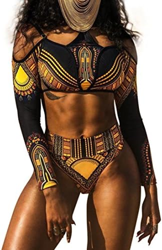 Women Retro Bandage Bikini Set Long Sleeve Monokini Push Up Padded Bra Swimwear Off Shoulder Swimsuit (M, Black)