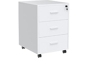 ‎NICEME NICEME Bürocontainer mit 3 Schubladen, Rollcontainer unter Schreibtisch,Büroschrank für Dokumente, auch als Druckertisch, mobiler Aktenschrank aus MDF (Weiß, Abschließbar)