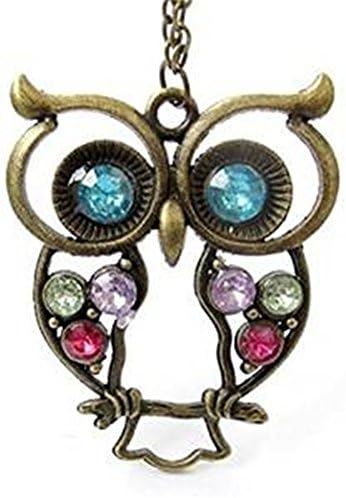 Minifamily® Vintage Blue Eyes Owl Charm Long Necklace Come With Free Unique Ring and Rubber Wrist Band