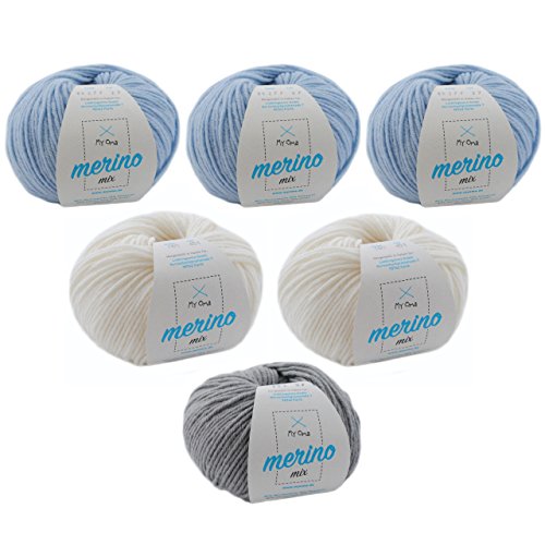 Wolle Set zum Häkeln * Wolle Mix Eiskristall L MyOma* Strickgarn Merino Wolle Paket mit 6Knäuel in den Farben Eisblau, Schneeweiß und Kiesel + Gratis MyOma Label – Mischwolle stricken–Strickgarn Merino