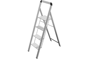 ‎MEPHISTO Mephisto Leiter Trittleiter Klappleiter Stufenleiter Haushaltsleiter flach aus Aluminium inkl. Anti Rutsch Trittflächen mit 4 Stufen mit Griff bis 150 kg Tragkraft