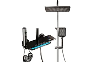 IDYNOV D25 - Colonne de Douche Thermostatique Noir avec Mitigeur Mural - Design Piano, LED Température, Robinet et Douchette Inclus, Pommeau Pluie, Douche à Main | Système Moderne pour Salle de Bain