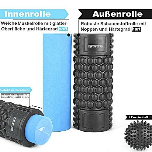 Faszienrolle im Set: 2 in 1 Massagerolle für ideales Faszientraining. Die perfekte Fitnessrolle zur Faszientherapie und Selbstmassage [Inklusiv:Theraband zur Behandlungsoptimierung und praktische Tragetasche. Gratis: E-Book und Video-Einführung] - 2