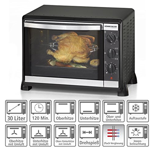 ROMMELSBACHER BG 1550 Back & Grill Ofen mit Umluft und Drehspieß / 30 Liter / 7 Heizfunktionen / Doppelverglasung mit Backraumdichtung / Innenbeleuchtung / viel Zubehör / 1550 W / schwarz - 4