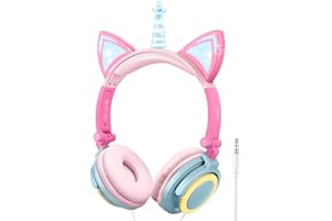 LOBKIN Cuffie Bambina, Cuffie Gatto con LED,Cuffie per Bambini,Cuffie Bambino, Cuffie Unicorno Bambina,Cuffie Orecchie Gatto, Cuffie con Filo per Bambini/Cuffie con Limite di Volume (85dB)