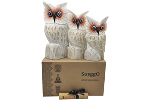 SusggO Set di 3 statuette di animali in legno, gufo portafortuna, gatto della fortuna, tartaruga, pesce, decorazioni, intagliato a mano, decorazione per mobile (3 Gufi Ali Bianchi Pois Mod 1)
