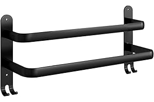 ASFINS Double Towel Rail Hand Towel Holder Wall Mounted Clothes Rail, 2-Tier Towel Rail with Hooks for Kitchen Bathroom Toilet Hotel Office, Self Adhesive/Wall Mounted, 2 Way to Install (Black, 40cm)