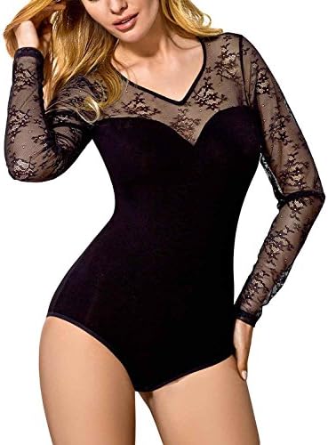 Vestiva BDV 124 Women's Bodysuit Long Sleeved Lace Sheer V Neck - Made In EU, Black,16
