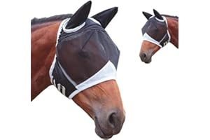 RUIKCOLL Fliegenmasken für Pferde mit Ohren, Fliegenmaske Pferd uv Schutz, Atmungsaktive Pferdemaske Anti Moskito (Schwarz, S)