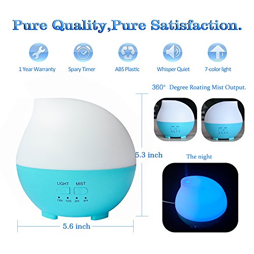 YCTA® 300ml Aroma Diffusor Luftbefeuchter Ultraschall mit 7 farben LED Farbwechsel Duftzerstäuber Humidifier Essential Oil Diffuser Purifier für Babies Kinder Haus Yoga Büro Spa (Blue) - 2