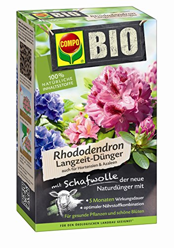 COMPO BIO Rhododendron Langzeit-Dünger mit Schafwolle, einzigartiger, rein organischer Naturdünger für Rhododendron, Hortensien, Azaleen u.a. Moorbeetpflanzen, 2 kg