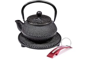 BRICOLEMAR Tetera de Hierro Fundido con Reposatetera + Llavero de Regalo (Negra - 0.34 Lt - Con Reposatetera)