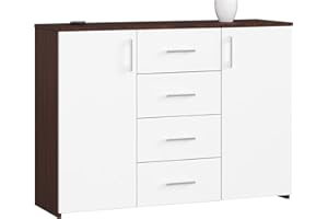 AKORD Cassettiera K45 con 4 cassetti e 2 ripiani con Ante | Mobiletti Ingresso Bagno | Armadio Cameretta | Comodino | B110 x H80 x P35 cm, peso 43 kg Wengé/Bianco