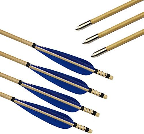 CNSE 12 Pack Hunting Pure Handmade Blue Feather Target Practice Wood Arrow Archery for 40-60lbs Recurve Bows