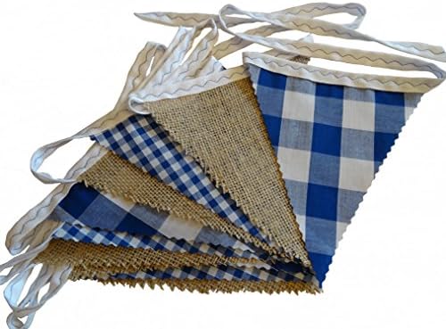 3 metres mtrs (10ft) - Hessian & Blue Gingham - Single-Sided Fabric Bunting - 12 Flags - Nursery Bedroom Baby Shower Boy