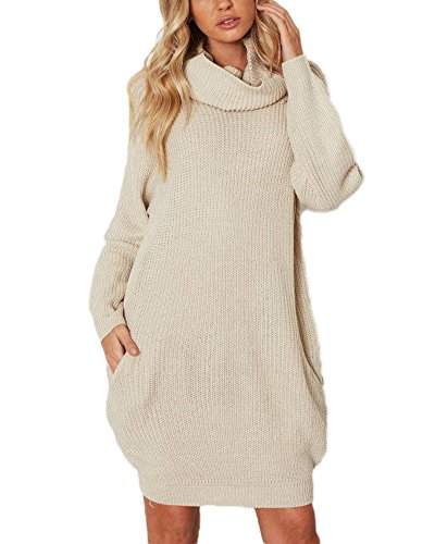 Femme Loose Manches Longues Robe en Tricot Long Col Roulé Chandail Pull Sweater Tops Beige Taille Unique