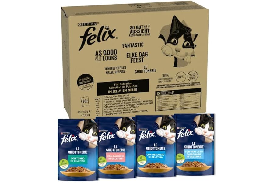FELIX Le Ghiottonerie Cibo Umido per Gatti Adulti, 80 Bustine da 85g, Pesce | Bocconcini in Gelatina con Tonno Salmone Merluz