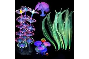 Podazz 4 Packs de Décorations Lumineuses pour Aquarium, Décorations pour Aquarium avec Simulation de Corail Champignon et Corail Plume, Décor en Silicone pour Le Bocal à Poissons