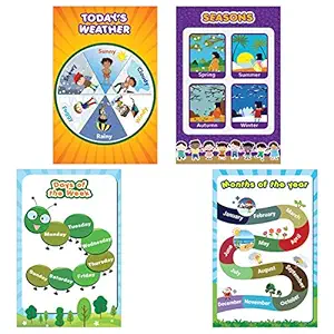 Chaka Chaundh Learning Educational Posters for Preschool Kids- Weather, Seasons, Days, Week, Months, Year (Multicolour, 18 X 12 Inches) Set of 4