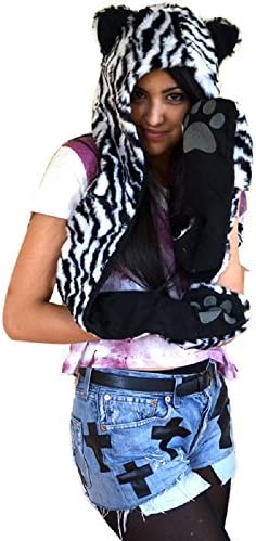 New Winter Trend Faux Fur Animal Ears Hat Snood Scarf Paws Mitten Pocket Gloves Snow Tiger