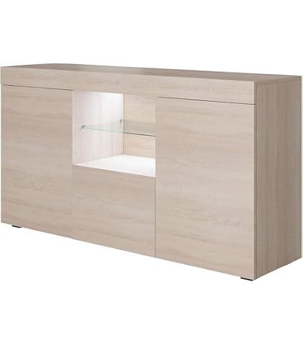 Buffet Bas Moderne Avec éclairage LED - 154x83x39 Cm, 3 Tiroirs + 2 Portes (verre Et Effet Bois) - Mélamine Noir Mat & Chêne EOS, Pieds Hauts 20 Cm