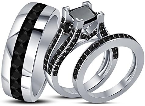 Lilu Jewels Princess & Round Cut Black Cubic Zirconia White Platinum Plated 925 Silver Wedding Trio Ring Set