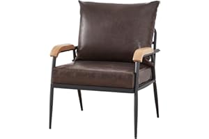 LEMROE Divani Moderno in Pelle con Struttura in Metallo e Braccioli in Legno per Soggiorno Camera degli Ospiti Ufficio (Marrone scuro, Singolo)