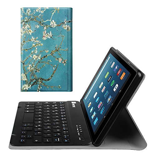 Fintie Bluetooth Tastatur Hülle für Fire HD 8 (7. Generation - 2017) / Fire HD 8 (2016 Modell) - Ultradünn Ständer Schutzhülle mit magnetisch abnehmbar drahtloser Bluetooth Tastatur, Mandelblüten