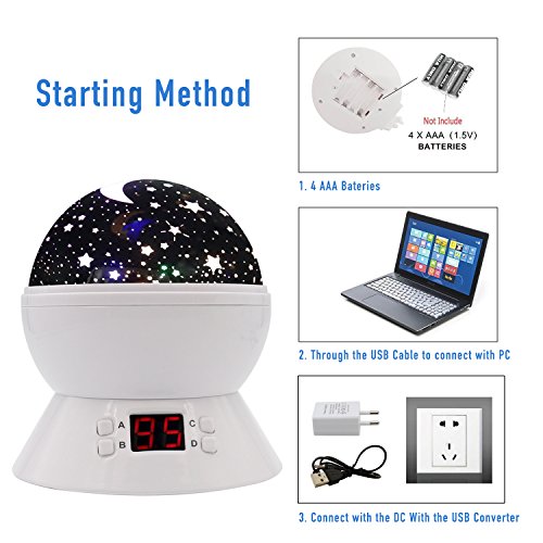 Timer-Stern-Projektor, MKQPOWER neue Erzeugung, die Mond-Stern-Projektions-LED-Nachtlichter-Spielwaren-Tabellen-Lampen mit Timer shut off & EU-Adapter, entspannende Schlaf-Hilfe für Kinder Projektions-LED (Weiß) - 3