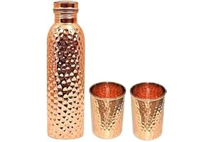 Vattenflaska i koppar ayurvedisk hälsofördelar vattenflaska kopparkärl för sport, fitness, yoga, hem, kontor, hotell och en gåva (1 flaska och 2 glas) (prägling)