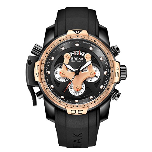BREAK Relojes para Hombres Cronógrafo Deportivo Impermeable Reloj de Cuarzo Analógico Top Marca Luxury Casual Grande (Oro Rosa Negro)