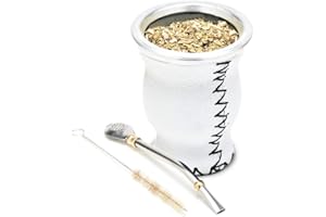 BALIBETOV Argentine Mate - Set Tazza Mate Glass Rivestito in Pelle - Alternativa Pumpkin Mate - con Bombilla (sorbetto) per Yerba Mate. (Bianco)